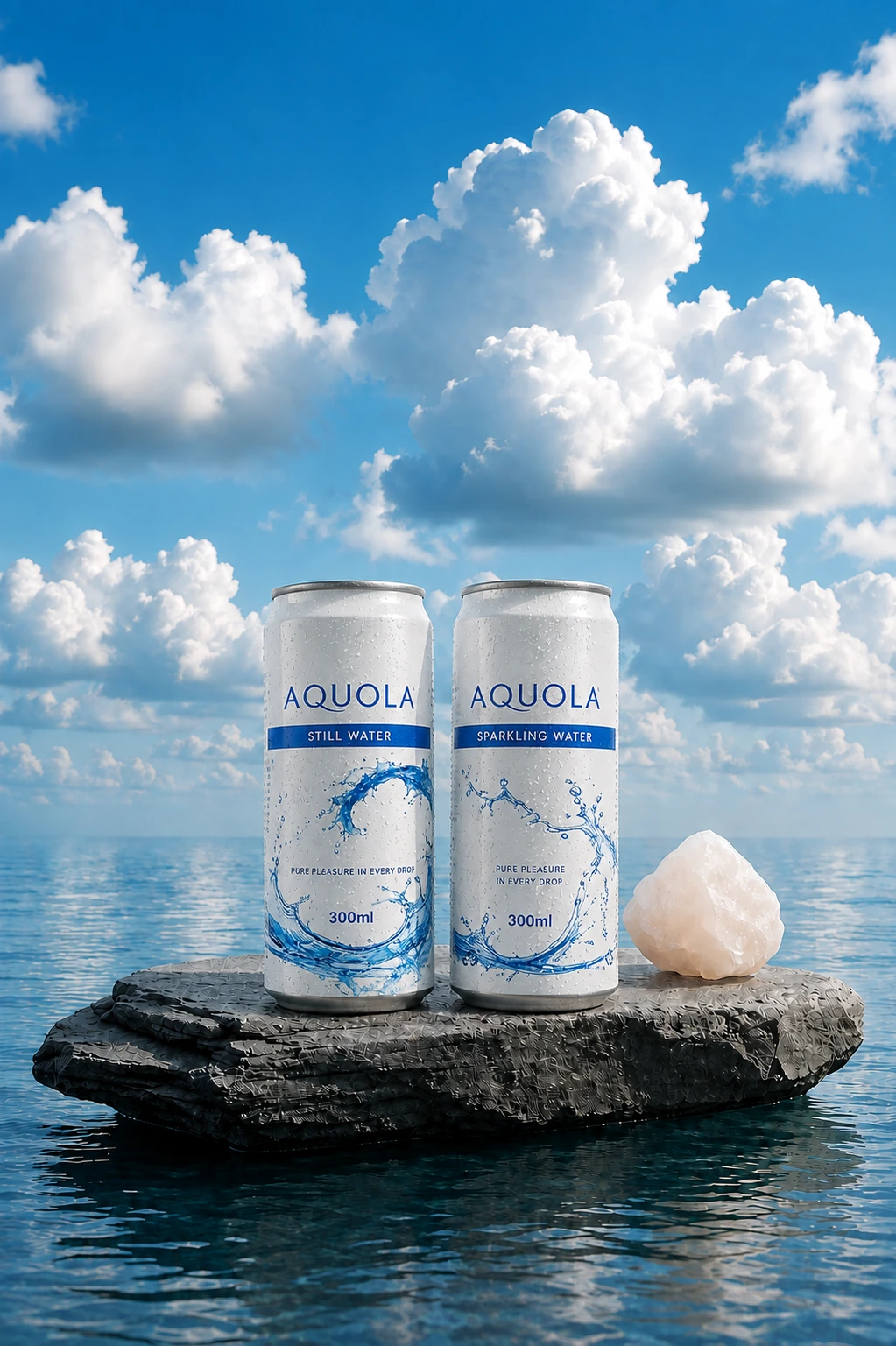 Aquola still and sparkling cans on a rock in calm ocean water
